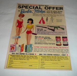 964 Carnation Milk premiums ad page for offer a Barbie & Midge Catalogus